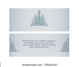 Set of vintage double-sided brochure with sketch fir trees and place for text for your design