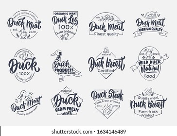 Set of vintage Duck and meat emblems and stamps. Farm badges, templates and stickers on white background isolated. Collection of retro logos with hand-drawn text and phrases. Vector illustration.