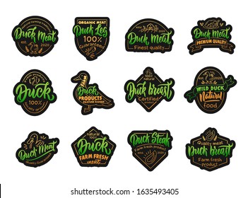 Set of vintage Duck and meat emblems and stamps. Farm badges, templates and stickers on white background isolated. Collection of retro logos with hand-drawn text and phrases. Vector illustration.