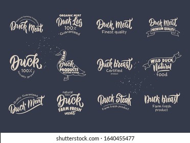 Set of vintage Duck and meat emblems and stamps. Farm badges, templates and stickers on white background isolated. Collection of retro logos with hand-drawn text and phrases. Vector illustration.