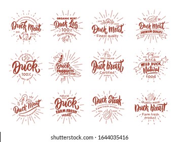Set of vintage Duck and meat emblems and stamps. Badges with rays. Templates and stickers isolated on white background. Collection of retro farm product logos with hand drawn text. Vector illustration
