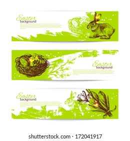 Set of vintage Easter banners with hand drawn sketch illustrations 