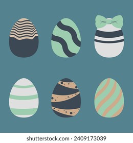 A set of vintage Easter eggs. 6 pieces. Vector on blue background