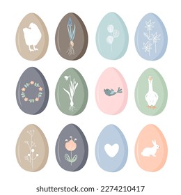 Set of vintage Easter eggs with floral and animals silhouette. Pastel palette Vector illustration.