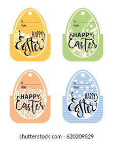 Set of vintage Easter gift tags. Happy Easter lettering caption. Zentangle holiday design for festive sticker, label, banner, invitation, postcard, card, wrapping, packaging. Vector illustration.