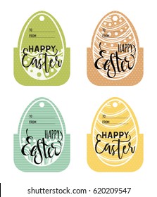 Set of vintage Easter gift tags. Happy Easter lettering caption. Zentangle holiday design for festive sticker, label, banner, invitation, postcard, card, wrapping, packaging. Vector illustration.