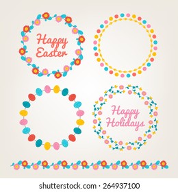 Set of vintage Easter wreathes with eggs and flowers in Red, Yellow, Blue and Dark Blue and seamless floral border. Perfect for spring or summer invitation, Easter, birthday greeting cards