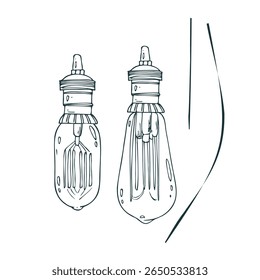 Set of vintage Edison bulbs hand drawn in line art style. Ink illustration perfect for retro decorations, winter scenes, Christmas cards, or cozy seasonal compositions.