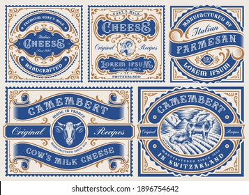 A set of vintage editable cheese labels, all elements are in separate groups and editable.