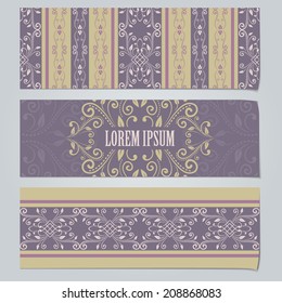 Set of vintage elegance horizontal banners with curly floral patterns and sample text with shadows. Vector illustration. 