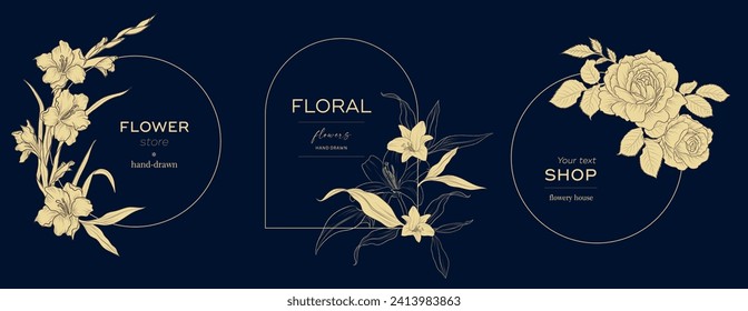 Set of vintage elegant floral logo for beauty, natural and organic products, cosmetics, spa and wellness, fashion. Vector illustrations Boho hand drawn line for graphic and web design, marketing mater