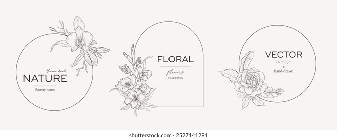 Set of vintage elegant floral logo for beauty, natural and organic products, cosmetics, spa and wellness, fashion. Vector illustrations Boho hand drawn line for graphic and web design, marketing mater