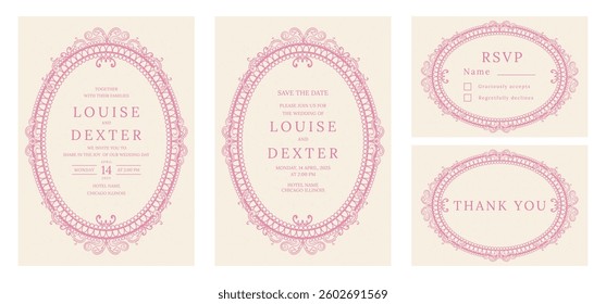 A set of vintage elegant wedding invitation card templates with beautiful vintage frames. Vector illustration.