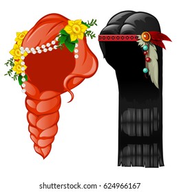 Set of vintage elegant women's wigs decorated with fresh flower buds and feathers isolated on white background. Vector cartoon close-up illustration.