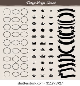 Set of Vintage element, blank vintage frame,crown and ribbon. Illustration eps10