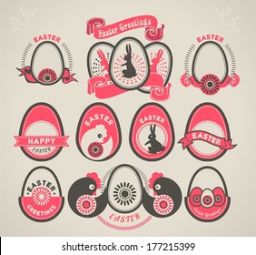 Set of vintage elements, banner, label and frames for the holiday of Easter eggs with small icons congratulations