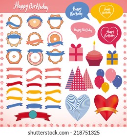 Set of vintage elements, birthday, holiday, party. Pink, blue, orange. vector