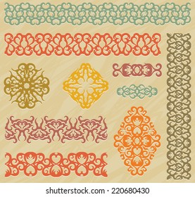 Set of vintage elements and borders for decoration. Bright colors         