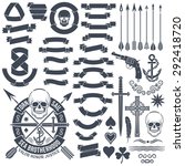 Set of vintage elements to create logos. Pirate skull emblem. Heraldic ribbon banners. Cross, dagger, star, pistol, clover, anchor, arrows.