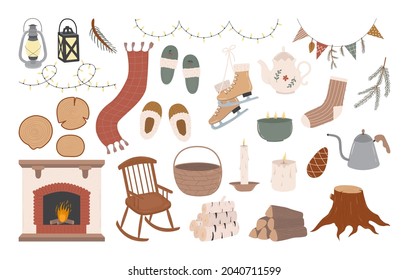 Set of vintage elements and decor for creating cozy home interior. Hygge cabin furniture and decorations: fireplace, rocking chair, skates, lantern, scarf, slippers. Hand drawn vector illustrations