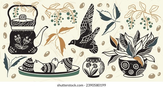 A set of vintage elements. Folk composition, including pots, coffee, tea, beans, bird, abstract flowers and leaves. Organic abstraction of folk-inspired motifs. Rustic style of vector illustration. 