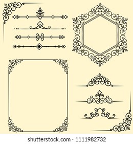 Set of vintage elements. Frames, dividers for your design. Golden Components in royal style. Elements for design menus, websites, certificates, boutiques, salons, etc. Making your logo and monogram.