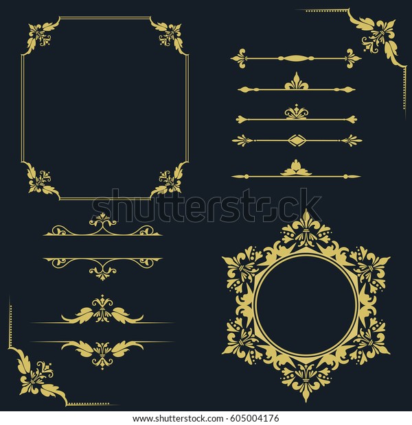 Set of vintage elements. Frames, dividers for\
your design. Golden Components in royal style. Elements for design\
menus, websites, certificates, boutiques, salons, etc. Making your\
logo and monogram