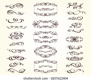 Set of vintage elements isolated, editable. Frames, dividers, vignettes.