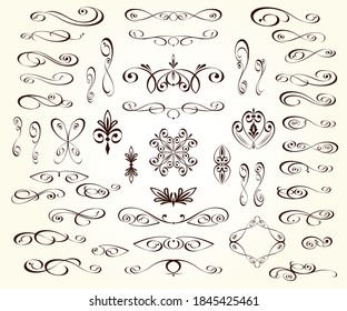 Set of vintage elements isolated, editable. Frames, vignettes, dividers.