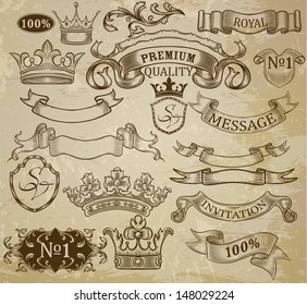 Set of vintage elements: ribbons, crowns and vignettes.