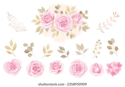 Fijar elementos vintage de rosas, flores de jardín de colección, hojas, ilustración vectorial eucalipto, hierbas. brote y hojas
