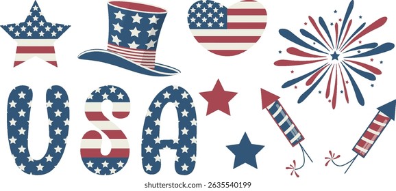 Set vintage elements USA culture 4th of july Independence day celebration symbol Patriotic heart American flag Stars stripes pattern Memorial Day political campaign design projects Text USA Fireworks