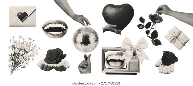 Conjunto de elementos vintage da colagem do Dia dos Namorados em grunge com textura de meio-tom. Mãos vetoras, balão em forma de coração, flor, boca, rosa, camomila, carta de amor, arco.