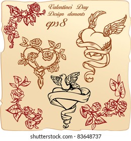 Set of vintage elements and vignettes for Valentine`s Day greeting - hearts, roses, angels wings, dove
