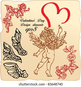 Set of vintage elements and vignettes for Valentine`s Day greeting - heart, roses, angels wings, cupid