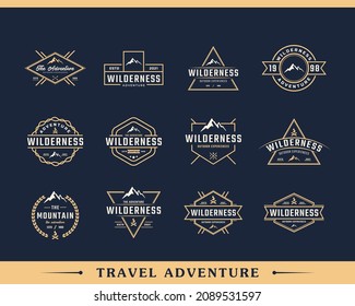 Set of Vintage Emblem Badge Wilderness Mountain Adventure Logo with Bonfire Symbol for Outdoor Camp in Retro Style Vector Illustration