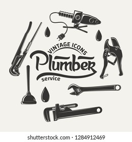 Set for vintage emblem design with monochrome signs of pipe cutter and pipes solider iron, pipe wrenchs and plunger, elements for plumber logo design, isolated on white background, vector