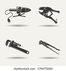 Set for vintage emblem design with monochrome signs of solder iron, pipe cutter, pipe wrenchs and plunger, elements for plumber logo design, isolated on white background, vector