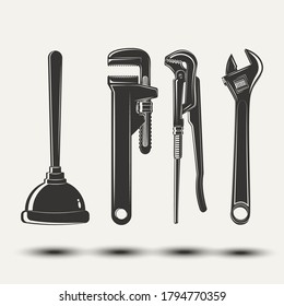 Set for vintage emblem design with monochrome signs of pipe wrenchs and plunger, elements for plumber logo design, isolated on white background, vector