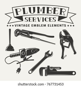 Set for vintage emblem design with monochrome signs of pipe cutter and pipes solider iron, pipe wrenchs and plunger, elements for plumber logo design, isolated on white background, vector