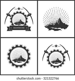 Set of Vintage Emblem of the Mining Industry, Label or Badge Mine Shaft, Mountain on a Background of the Sunburst in  Gear with Star and Pickaxes, Vector Illustration