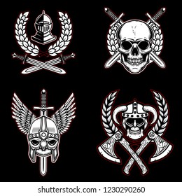 Set of vintage emblems with ancient weapon, knights, vikings. Design element for logo, label, emblem, sign. Vector illustration