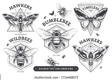 Set of vintage emblems with geometric shapes and insects. Abstract sacred emblems collection. Vector illustrations.