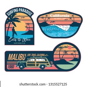 Set vintage emblems graphic design illustrations with fashion prints on t shirt clothes stickers patches poster. California summer holiday style with waves surfing palms trendy phrases old travel cars