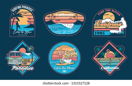 Set vintage emblems graphic design illustrations with fashion prints on t shirt clothes stickers patches poster. California summer holiday style with waves surfing palms trendy phrases old travel cars