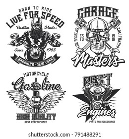 Set of vintage emblems, logos, badges, template with motorcycle, engine parts and biker's skull. Vector illustration.