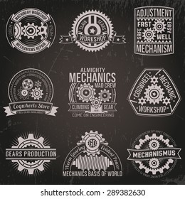 A set of vintage emblems with mechanisms, ribbons, banners. Logo of gears on a dark background. Scratches on a separate layer.