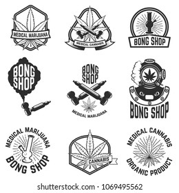 Set of vintage emblems with medical marijuana. Cannabis leaves. Design element for logo, label, emblem, sign, poster, t shirt. Vector illustration