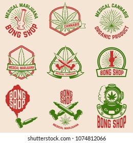 Set of vintage emblems with medical marijuana. Cannabis leaves. Design element for logo, label, emblem, sign, poster, t shirt. Vector illustration