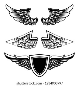 Set of vintage emblems with wings isolated on white background. Design element for logo, label, emblem, sign. Vector image
